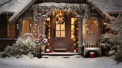 Fototapeta na wymiar house exterior christmas decorations in the snow