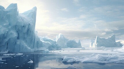 Fototapeta na wymiar Ice Icebergs And Snow-Covered Rocks Against The Sea