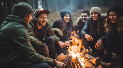 Joyous group of millennials laughing and bonding around a campfire, embodying friendship and fun during a wilderness camping - obrazy, fototapety, plakaty