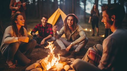 Obraz na płótnie Canvas Joyous group of millennials laughing and bonding around a campfire, embodying friendship and fun during a wilderness camping