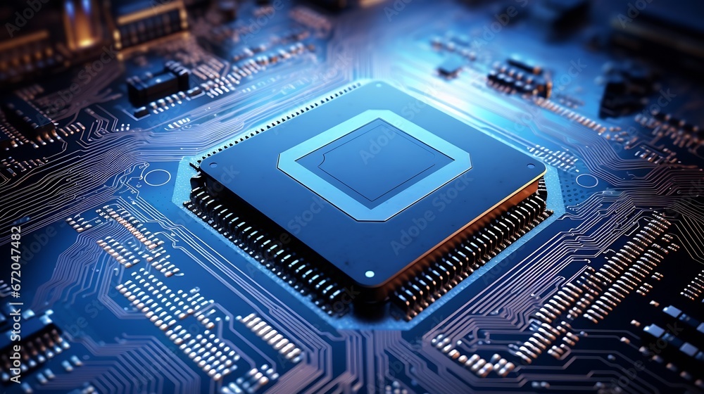 Poster Integrated semiconductor microchip/ microprocessor on blue circuit board representative of the high tech industry and computer science : Generative AI