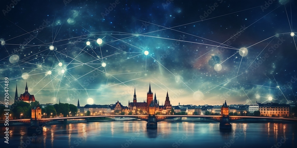 Poster Communication technology with global internet network connected in Europe. Telecommunication and data transfer european connection links. IoT, finance, business, blockchain, security. : Generative AI