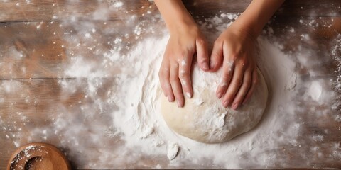 Fototapeta premium woman hands preparing dough top down view : Generative AI