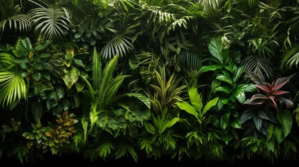 Tropical trees arranged in full background Or full wall There are leaves in different sizes, different colors, various sizes, many varieties. Another garden layout.as summer background : Generative AI