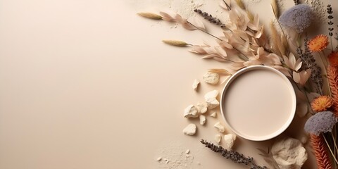 Dry natural grass, leaves and flowers frame with white marble podium, beauty and fashion concept mock up on beige background flat lay, top view, copy space : Generative AI - obrazy, fototapety, plakaty