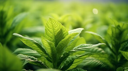 Tobacco plantation with lush green leaves. Super macro close-up of fresh tobacco leaves. Soft selective focus. Artificially created grain for the picture : Generative AI