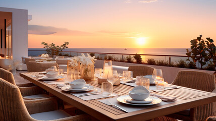 Served table in a stylish glamorous restaurant on the terrace overlooking the sea.
