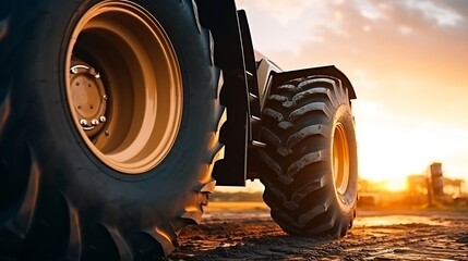Big rubber wheels of soil grade tractor car earthmoving at road construction side. Close-up of a dirty loader wheel with a large tread with sky sunset : Generative AI - obrazy, fototapety, plakaty