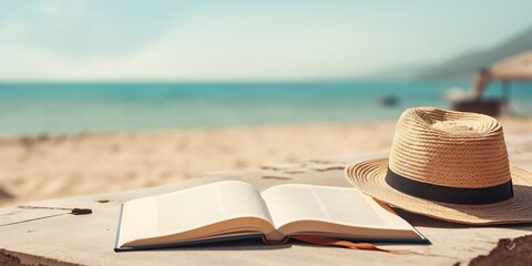 Blank writing book with summer beach accessories on background, copy space. Flat lay with copy space. : Generative AI