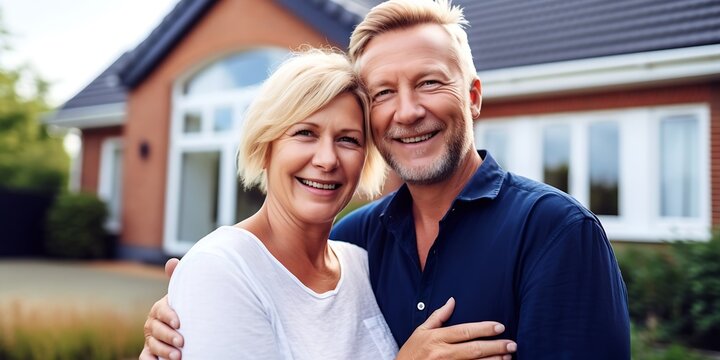 Happy mature couple bought their new home and standing in front of it and showing keys. Real estate owners. Senior married couple posing in front of their new family house. Looking at  : Generative AI