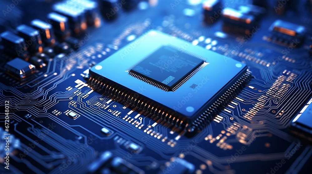 Poster integrated semiconductor microchip/ microprocessor on blue circuit board representative of the high 