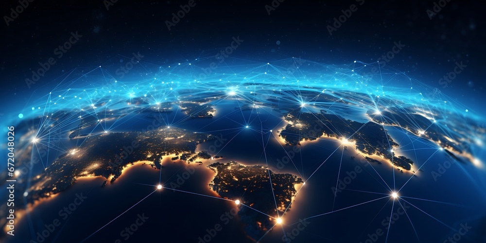Poster Communication technology with global internet network connected in Europe. Telecommunication and data transfer european connection links. IoT, finance, business, blockchain, security. : Generative AI