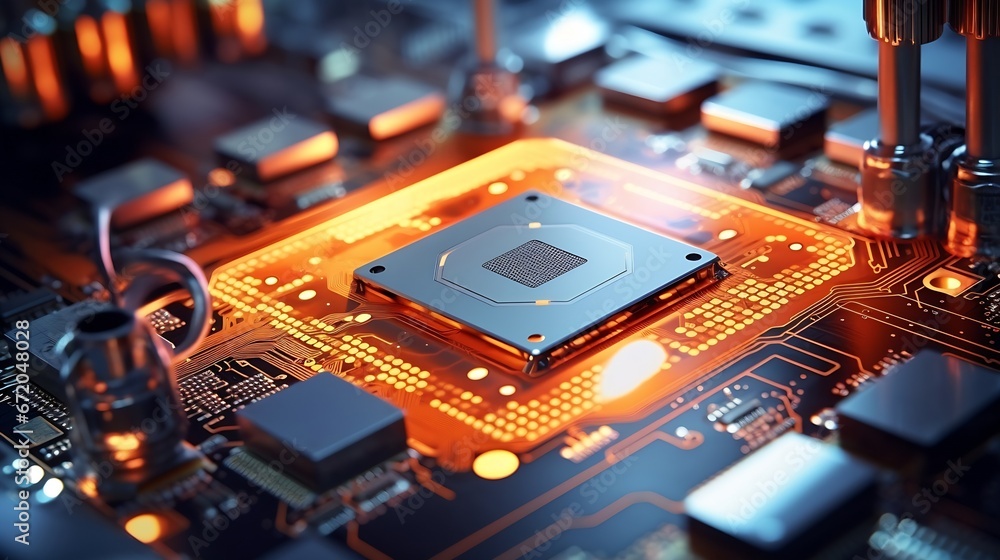 Fototapete close-up of silicon die are being extracted from semiconductor wafer and attached to substrate by pi