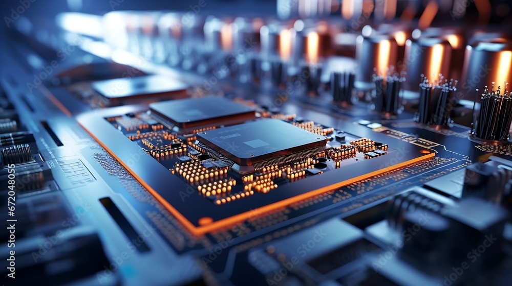 Poster Shot of Computer Processor Production Line at Advanced Semiconductor Foundry in Bright Environment. Microchip Factory. : Generative AI