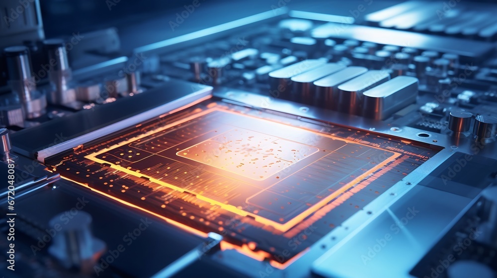Poster close-up of silicon die are being extracted from semiconductor wafer and attached to substrate by pi