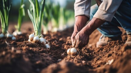 Close up of a Male farmer hand sowing onions in organic vegetable garden, close up of hand planting seeds in soil. Man planting onion in the vegetable garden. Close up planting onions  : Generative AI - Powered by Adobe
