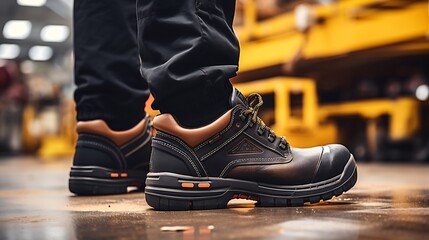 Close-up safety working shoe on a worker feet is standing at the factory, ready for working in danger workplace concept. Industrial working scene and safety equipment. : Generative AI