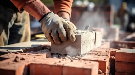 Bricklayer laying brick on cement mix on construction site close-up. Reduce the housing crisis by building more affordable houses concept : Generative AI - obrazy, fototapety, plakaty