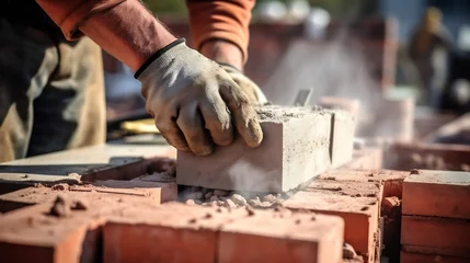Foto op Plexiglas Bricklayer laying brick on cement mix on construction site close-up. Reduce the housing crisis by building more affordable houses concept : Generative AI © Generative AI