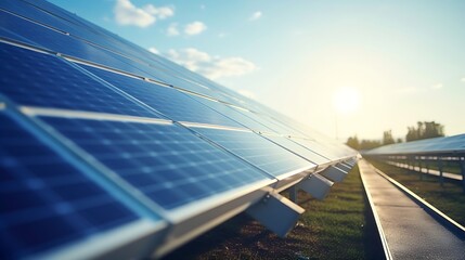 Close-up of Solar cell farm power plant eco technology. Landscape of Solar cell panels in a photovoltaic power plant. Concept of sustainable resources and renewable energy.blue tone. : Generative AI