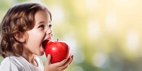 Fototapeta na wymiar Close up caucasian child biting red apple over white background. Copy space. Side view. Extra wide banner, copy space. : Generative AI