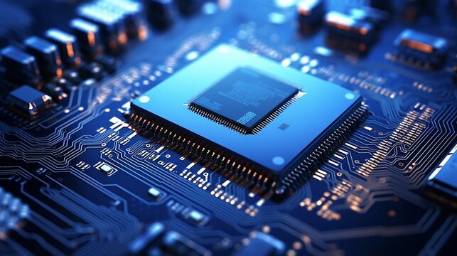 Integrated semiconductor microchip/ microprocessor on blue circuit board representative of the high tech industry and computer science : Generative AI