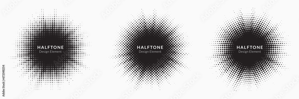 Poster Halftone circle frame background set. Round border Icon using halftone random circle. Burst Halftone light effect. Glowing light burst. abstract grunge halftone dots background. Vector illustration.	
