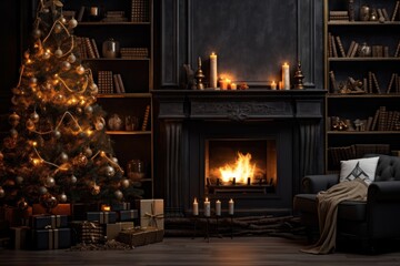 Christmas living room interior design, magic glowing xmas tree, fireplace, gifts background with copy space.