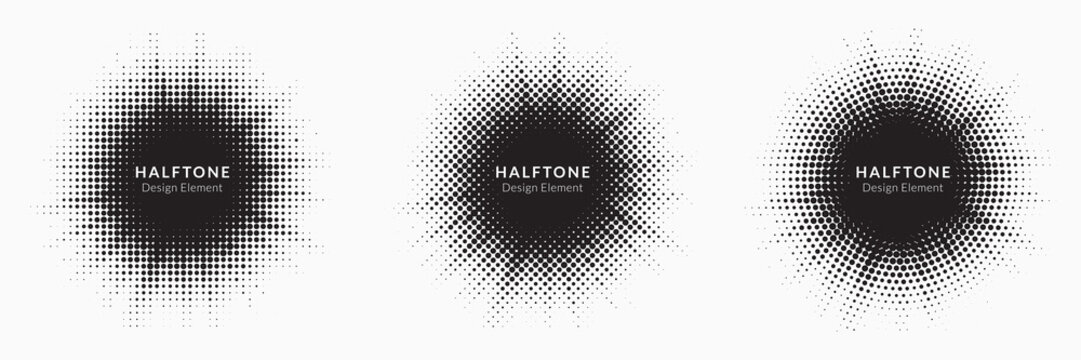 Halftone circle frame background set. Round border Icon using halftone random circle. Burst Halftone light effect. Glowing light burst. abstract grunge halftone dots background. Vector illustration.	