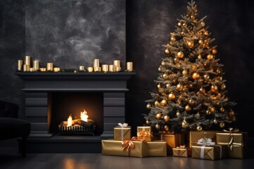 Christmas living room interior design, magic glowing xmas tree, fireplace, gifts background with copy space.