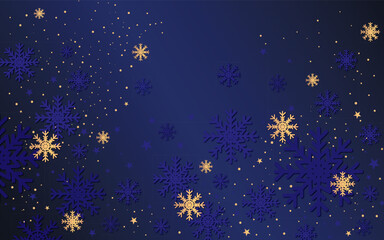 Fototapeta premium Abstract dark blue winter background with golden snowflakes and stars. 