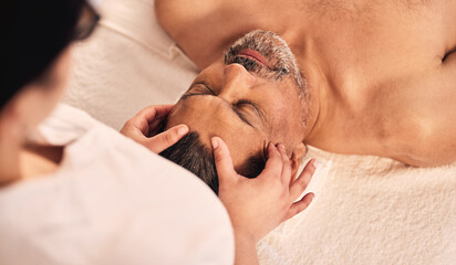 Man, spa and head massage for skincare treatment, holistic therapy and zen healing at beauty salon...