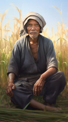 Naklejka na ściany i meble Elderly Asian farmer amidst ripe rice field.generative ai