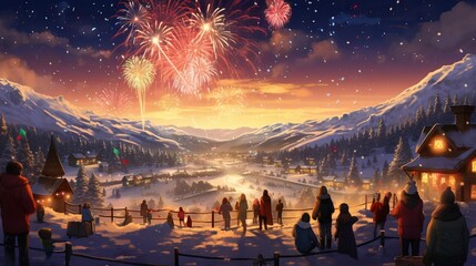 Cozy Christmas in the countryside: bonfire, fireworks, and family fun, illustration in warm hues