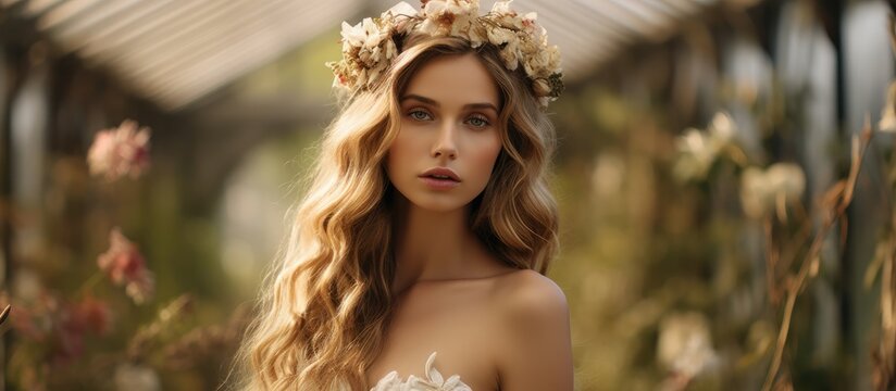 A garden setting features a young exquisite model donning a long ivory dress adorned with a regal crown on her head
