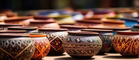 In Sukhothai Thailand artisans skillfully create handcrafted pottery by painting nature inspired patterns on earthenware using colors extracted from the surrounding environment
