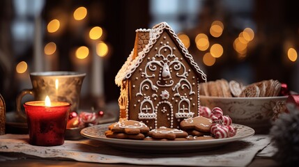 A festive gingerbread house decorated with candy and icing on a wooden table - obrazy, fototapety, plakaty