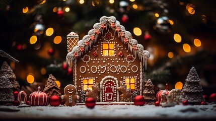 A festive gingerbread house with colorful candies and icing on a blur lighting background