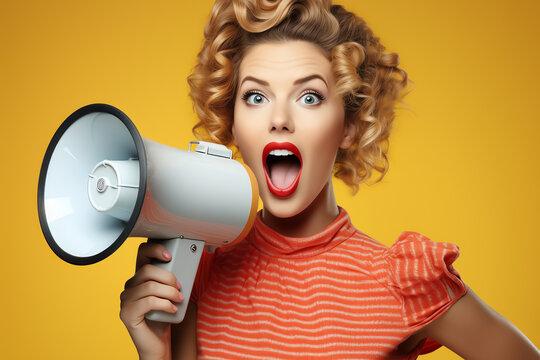 woman with megaphone, on yello background, AI generated