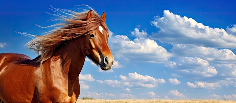 A stunning blue sky serves as the backdrop for a horse adorned with a lengthy mane grazing in a pasture