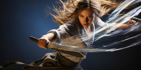 Woman in sword fight, active stance, weapon's edge clearly visible.