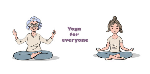 Girl and elderly woman doing yoga, sitting in lotus pose. Mental healthcare. Preventative healthcare and active lifestyle. Doodle style, outline, linear, thin line art, hand drawn sketch.