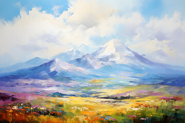 colourful impressionist painting of the mountain landscape, a picturesque highland environment in bright vivid colours