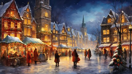 Mixed media collage of a lively Christmas market in a bustling town square with colorful lights and festive stalls - obrazy, fototapety, plakaty