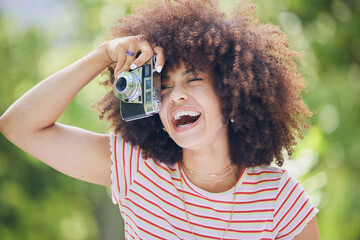 Nature, afro and black woman with photography camera taking happy picture memory with retro style....