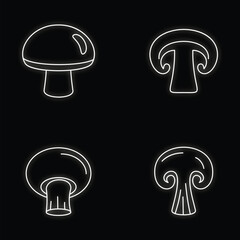 Champignon mushroom icons set. Outline illustration of 4 champignon mushroom vector icons neon color on black