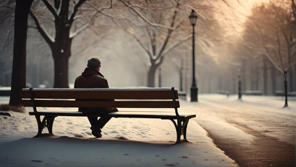 A lonely man sitting on a bench in winter.	 - obrazy, fototapety, plakaty
