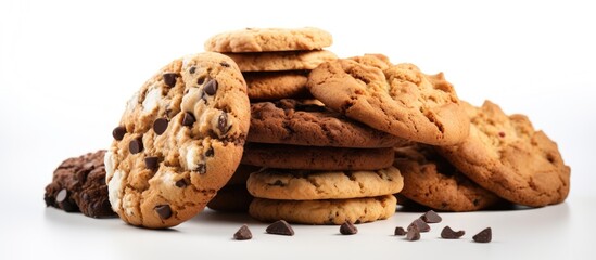 Assortment of various cookies including chocolate chip oatmeal raisin and white chocolate - obrazy, fototapety, plakaty