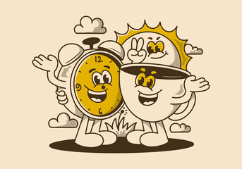 Morning time, coffee time. Mascot character of coffee cup, alarm clock and a sun