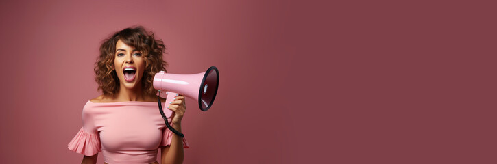 A girl in a pink dress screams holding a megaphone and announces a sale on a purple studio background. Idea for marketing or sales.
